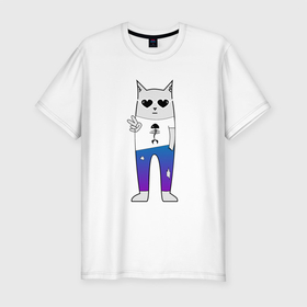 Мужская футболка хлопок Slim с принтом Крутой котей в Тюмени, 92% хлопок, 8% лайкра | приталенный силуэт, круглый вырез ворота, длина до линии бедра, короткий рукав | 90 | 90ые | джинсы | кот | коты | кошка | круто | крутой | меломан | музыка | прикол | рок | солнечные очки