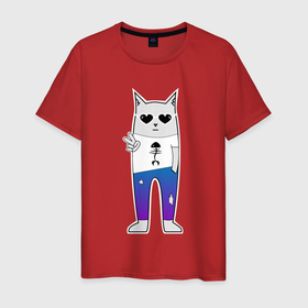 Мужская футболка хлопок с принтом Крутой котей в Новосибирске, 100% хлопок | прямой крой, круглый вырез горловины, длина до линии бедер, слегка спущенное плечо. | 90 | 90ые | джинсы | кот | коты | кошка | круто | крутой | меломан | музыка | прикол | рок | солнечные очки