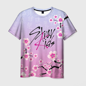 Мужская футболка 3D с принтом Stray Kids цветы сакуры , 100% полиэфир | прямой крой, круглый вырез горловины, длина до линии бедер | bang chan | changbin | han | hyunjin | k pop | korean pop | lee felix | lee know | seungmin | skz | stray kids | бэнг чан | ли ноу | ли феликс | сакура | скз | стрей кидс | хан | хёнджин | цветы | чана | чангбин