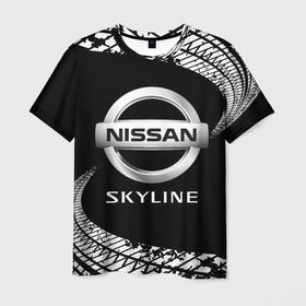 Мужская футболка 3D с принтом NISSAN SKYLINE   Следы , 100% полиэфир | прямой крой, круглый вырез горловины, длина до линии бедер | auto | logo | moto | nissan | nissan skyline | symbol | авто | автомобиль | гонки | знак | лого | логотип | логотипы | марка | машина | мото | ниссан | символ | символы | следы | шины
