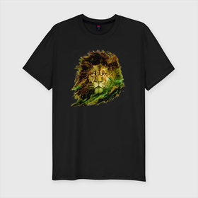 Мужская футболка хлопок Slim с принтом Лев,звёздный лев. в Новосибирске, 92% хлопок, 8% лайкра | приталенный силуэт, круглый вырез ворота, длина до линии бедра, короткий рукав | lion | star king | звёздный лев | звери | король лев | лев | млекопитающие | царь зверей