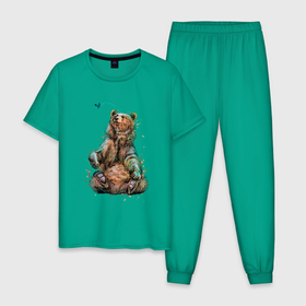 Мужская пижама хлопок с принтом Медведь и бабочка в Петрозаводске, 100% хлопок | брюки и футболка прямого кроя, без карманов, на брюках мягкая резинка на поясе и по низу штанин
 | Тематика изображения на принте: bear | grizzly | kuma | гриззли | гризли | грозный | крутой | медведь | медвежонок | мишка | хищник