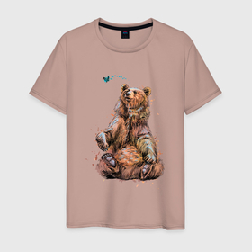 Мужская футболка хлопок с принтом Медведь и бабочка в Петрозаводске, 100% хлопок | прямой крой, круглый вырез горловины, длина до линии бедер, слегка спущенное плечо. | Тематика изображения на принте: bear | grizzly | kuma | гриззли | гризли | грозный | крутой | медведь | медвежонок | мишка | хищник