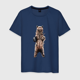 Мужская футболка хлопок с принтом Медведь стоит на задних лапах в Екатеринбурге, 100% хлопок | прямой крой, круглый вырез горловины, длина до линии бедер, слегка спущенное плечо. | bear | grizzly | kuma | гриззли | гризли | грозный | крутой | медведь | медвежонок | мишка | хищник