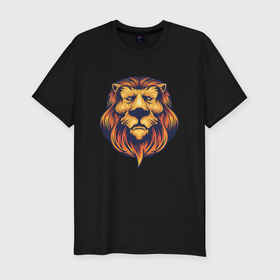 Мужская футболка хлопок Slim с принтом Спокойный лев в Екатеринбурге, 92% хлопок, 8% лайкра | приталенный силуэт, круглый вырез ворота, длина до линии бедра, короткий рукав | lion | животное | клыки | кот | кошка | лев | львы