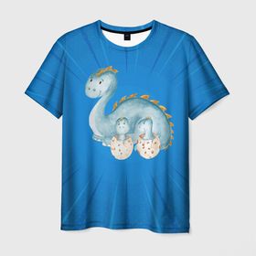 Мужская футболка 3D с принтом Мама динозавр с  детенышами в Белгороде, 100% полиэфир | прямой крой, круглый вырез горловины, длина до линии бедер | Тематика изображения на принте: детеныши | дети | динозавр | динозаврики | мама | мама динозавр | яйца