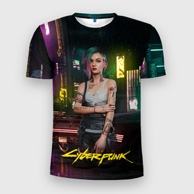Мужская футболка 3D Slim с принтом Judy  cyberpunk2077 в Петрозаводске, 100% полиэстер с улучшенными характеристиками | приталенный силуэт, круглая горловина, широкие плечи, сужается к линии бедра | Тематика изображения на принте: 2077 | cyberpunk | cyberpunk 2077 | judy | night city | vi | ви | джуди | жуди | кибер | киберпанк | найтсити | панк