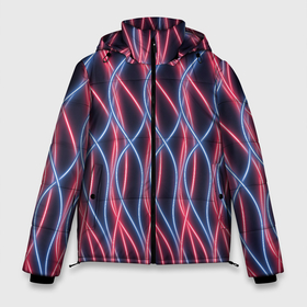 Мужская зимняя куртка 3D с принтом Неоновые волны. Розовый и голубой на темном фоне. в Тюмени, верх — 100% полиэстер; подкладка — 100% полиэстер; утеплитель — 100% полиэстер | длина ниже бедра, свободный силуэт Оверсайз. Есть воротник-стойка, отстегивающийся капюшон и ветрозащитная планка. 

Боковые карманы с листочкой на кнопках и внутренний карман на молнии. | Тематика изображения на принте: вертикальный | волнистый | волны | дебри | детск | для девочки | для мальчика | женский | извилистый | красный | линии | много | мужской | неон | неоновый | переплетение | провода | розовый
