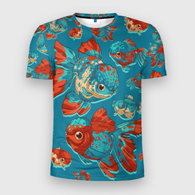 Мужская футболка 3D Slim с принтом Красивые Золотые рыбки в Новосибирске, 100% полиэстер с улучшенными характеристиками | приталенный силуэт, круглая горловина, широкие плечи, сужается к линии бедра | аквариум | желание | золотая рыбка | морские жители | рыба | рыбы