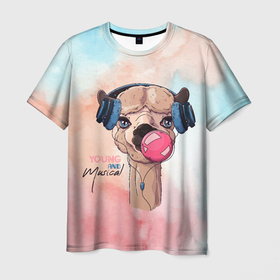 Мужская футболка 3D с принтом Young musical в Тюмени, 100% полиэфир | прямой крой, круглый вырез горловины, длина до линии бедер | арт | графика | животные | звери | лама | музыка | наушники