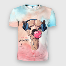 Мужская футболка 3D Slim с принтом Young musical в Тюмени, 100% полиэстер с улучшенными характеристиками | приталенный силуэт, круглая горловина, широкие плечи, сужается к линии бедра | арт | графика | животные | звери | лама | музыка | наушники