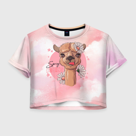 Женская футболка Crop-top 3D с принтом Весенняя лама в Екатеринбурге, 100% полиэстер | круглая горловина, длина футболки до линии талии, рукава с отворотами | арт | весна | графика | животные | звери | лама