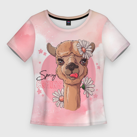 Женская футболка 3D Slim с принтом Весенняя лама в Екатеринбурге,  |  | арт | весна | графика | животные | звери | лама