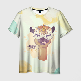 Мужская футболка 3D с принтом Dream come true в Курске, 100% полиэфир | прямой крой, круглый вырез горловины, длина до линии бедер | арт | графика | животные | звери | лама