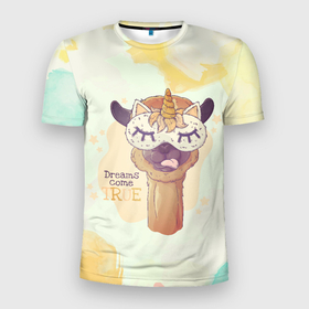 Мужская футболка 3D Slim с принтом Dream come true в Курске, 100% полиэстер с улучшенными характеристиками | приталенный силуэт, круглая горловина, широкие плечи, сужается к линии бедра | арт | графика | животные | звери | лама
