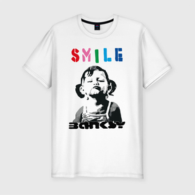 Мужская футболка хлопок Slim с принтом BANKSY SMILE девочка улыбается в Белгороде, 92% хлопок, 8% лайкра | приталенный силуэт, круглый вырез ворота, длина до линии бедра, короткий рукав | banksy | mona | mona lisa | smile | арт | бенкси | бэнкси | граффити | девочка | картина | мона лиза | роберт | робин бэнкс | робин ганнингхем | стрит арт | творчество | улыбается | художник