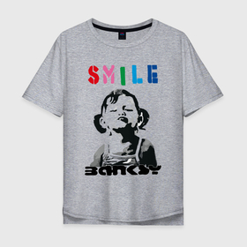 Мужская футболка хлопок Oversize с принтом BANKSY SMILE девочка улыбается в Белгороде, 100% хлопок | свободный крой, круглый ворот, “спинка” длиннее передней части | banksy | mona | mona lisa | smile | арт | бенкси | бэнкси | граффити | девочка | картина | мона лиза | роберт | робин бэнкс | робин ганнингхем | стрит арт | творчество | улыбается | художник