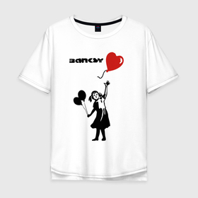 Мужская футболка хлопок Oversize с принтом BANKSY БЭНКСИ девочка с шариками в Екатеринбурге, 100% хлопок | свободный крой, круглый ворот, “спинка” длиннее передней части | banksy | арт | бенкси | бэнкси | воздушный шарик | граффити | девочка | девочка с шариком | картина | роберт | робин бэнкс | робин ганнингхем | с шариками | стрит арт | творчество | художник