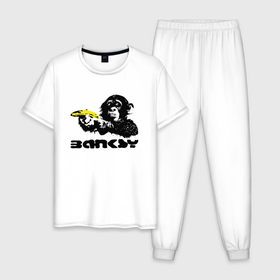 Мужская пижама хлопок с принтом Banksy   Бэнкси обезьяна с бананом в Санкт-Петербурге, 100% хлопок | брюки и футболка прямого кроя, без карманов, на брюках мягкая резинка на поясе и по низу штанин
 | banksy | арт | банан | бенкси | бэнкси | граффити | картина | обезьяна | обезьяна с бананом | роберт | робин бэнкс | робин ганнингхем | стрит арт | творчество | художник
