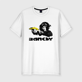Мужская футболка хлопок Slim с принтом Banksy   Бэнкси обезьяна с бананом в Санкт-Петербурге, 92% хлопок, 8% лайкра | приталенный силуэт, круглый вырез ворота, длина до линии бедра, короткий рукав | banksy | арт | банан | бенкси | бэнкси | граффити | картина | обезьяна | обезьяна с бананом | роберт | робин бэнкс | робин ганнингхем | стрит арт | творчество | художник