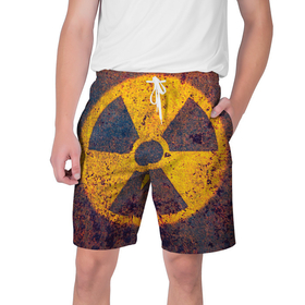 Мужские шорты 3D с принтом Радиактивно в Новосибирске,  полиэстер 100% | прямой крой, два кармана без застежек по бокам. Мягкая трикотажная резинка на поясе, внутри которой широкие завязки. Длина чуть выше колен | Тематика изображения на принте: желтый | знак | опасность | радиация | ядерный