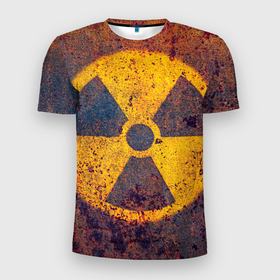 Мужская футболка 3D Slim с принтом Радиактивно в Петрозаводске, 100% полиэстер с улучшенными характеристиками | приталенный силуэт, круглая горловина, широкие плечи, сужается к линии бедра | желтый | знак | опасность | радиация | ядерный