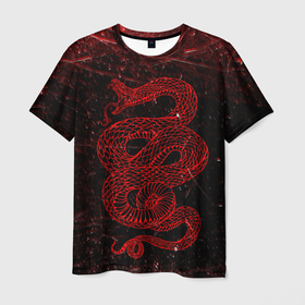Мужская футболка 3D с принтом Красная Змея Red Snake Глитч в Новосибирске, 100% полиэфир | прямой крой, круглый вырез горловины, длина до линии бедер | beast | cobra | glitch | grunge | snake | глитч | гранж | животные | зверь | змея | кобра | когти | полосы | потертости | текстура | узор | чб | чешуя