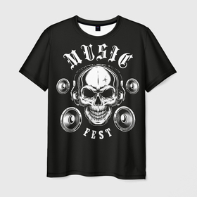 Мужская футболка 3D с принтом Music Fest в Екатеринбурге, 100% полиэфир | прямой крой, круглый вырез горловины, длина до линии бедер | fest | music | skull | музыка | череп | черная