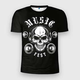 Мужская футболка 3D Slim с принтом Music Fest в Новосибирске, 100% полиэстер с улучшенными характеристиками | приталенный силуэт, круглая горловина, широкие плечи, сужается к линии бедра | fest | music | skull | музыка | череп | черная