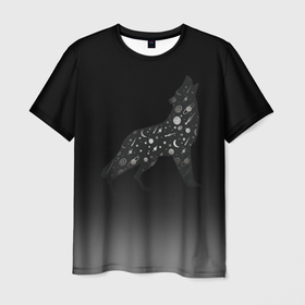 Мужская футболка 3D с принтом Звездный черный  волк в Новосибирске, 100% полиэфир | прямой крой, круглый вырез горловины, длина до линии бедер | Тематика изображения на принте: волк | волки | волчица | звездное небо | звезды