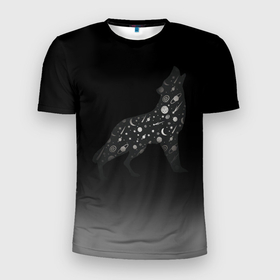Мужская футболка 3D Slim с принтом Звездный черный  волк в Новосибирске, 100% полиэстер с улучшенными характеристиками | приталенный силуэт, круглая горловина, широкие плечи, сужается к линии бедра | волк | волки | волчица | звездное небо | звезды