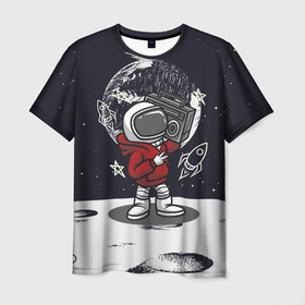 Мужская футболка 3D с принтом космонавт  с  магнитофоном в Белгороде, 100% полиэфир | прямой крой, круглый вырез горловины, длина до линии бедер | Тематика изображения на принте: звезды | космонавт | космос | магнитофон | наса | нло