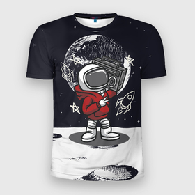 Мужская футболка 3D Slim с принтом космонавт  с  магнитофоном в Белгороде, 100% полиэстер с улучшенными характеристиками | приталенный силуэт, круглая горловина, широкие плечи, сужается к линии бедра | Тематика изображения на принте: звезды | космонавт | космос | магнитофон | наса | нло