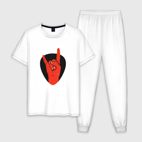 Мужская пижама хлопок с принтом Красная коза , 100% хлопок | брюки и футболка прямого кроя, без карманов, на брюках мягкая резинка на поясе и по низу штанин
 | Тематика изображения на принте: hand | rock | анархия | коза | красная | рок | рука