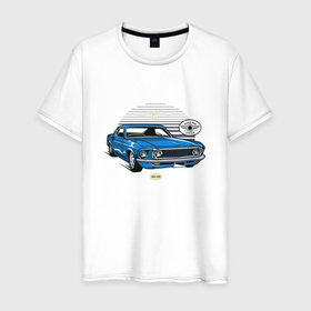 Мужская футболка хлопок с принтом Синий  ретро автомобиль в Новосибирске, 100% хлопок | прямой крой, круглый вырез горловины, длина до линии бедер, слегка спущенное плечо. | Тематика изображения на принте: авто | классика | ретро | ретро автомобиль | старая машина | тачка