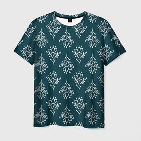 Мужская футболка 3D с принтом Этнические цветы в дудл стиле. Паттерн в Кировске, 100% полиэфир | прямой крой, круглый вырез горловины, длина до линии бедер | белый | геометрическая сетка | дудл стиль | паттерн | ручной рисунок | темно сине зеленый | узор | цветок | цветочный | этнический