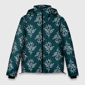 Мужская зимняя куртка 3D с принтом Этнические цветы в дудл стиле. Паттерн в Новосибирске, верх — 100% полиэстер; подкладка — 100% полиэстер; утеплитель — 100% полиэстер | длина ниже бедра, свободный силуэт Оверсайз. Есть воротник-стойка, отстегивающийся капюшон и ветрозащитная планка. 

Боковые карманы с листочкой на кнопках и внутренний карман на молнии. | Тематика изображения на принте: белый | геометрическая сетка | дудл стиль | паттерн | ручной рисунок | темно сине зеленый | узор | цветок | цветочный | этнический
