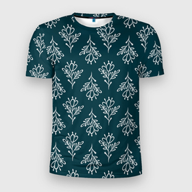 Мужская футболка 3D Slim с принтом Этнические цветы в дудл стиле. Паттерн в Белгороде, 100% полиэстер с улучшенными характеристиками | приталенный силуэт, круглая горловина, широкие плечи, сужается к линии бедра | белый | геометрическая сетка | дудл стиль | паттерн | ручной рисунок | темно сине зеленый | узор | цветок | цветочный | этнический