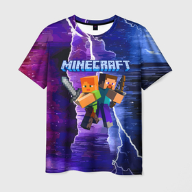 Мужская футболка 3D с принтом Minecraft   Neon , 100% полиэфир | прямой крой, круглый вырез горловины, длина до линии бедер | hero | lighting | minecraft | sword | video game | видеоигра | герой | майнкрафт | меч | молния