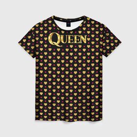 Женская футболка 3D с принтом Golden Queen в Петрозаводске, 100% полиэфир ( синтетическое хлопкоподобное полотно) | прямой крой, круглый вырез горловины, длина до линии бедер | gold | queen | золото | королева | мода | сердца