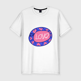Мужская футболка хлопок Slim с принтом Love badge в Белгороде, 92% хлопок, 8% лайкра | приталенный силуэт, круглый вырез ворота, длина до линии бедра, короткий рукав | badge | hearts | love | круг | любовь | сердечки | сердца