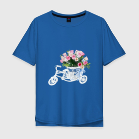 Мужская футболка хлопок Oversize с принтом Велосипед с корзиной цветов в Петрозаводске, 100% хлопок | свободный крой, круглый ворот, “спинка” длиннее передней части | Тематика изображения на принте: велосипед | велосипед с цветами | весенний букет | весна | корзина цвтов | розы | цветы