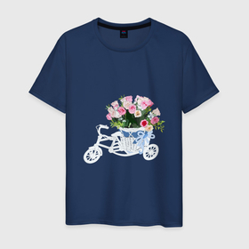 Мужская футболка хлопок с принтом Велосипед с корзиной цветов в Тюмени, 100% хлопок | прямой крой, круглый вырез горловины, длина до линии бедер, слегка спущенное плечо. | велосипед | велосипед с цветами | весенний букет | весна | корзина цвтов | розы | цветы