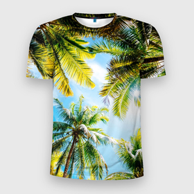 Мужская футболка 3D Slim с принтом Пальмы под солнцем в Курске, 100% полиэстер с улучшенными характеристиками | приталенный силуэт, круглая горловина, широкие плечи, сужается к линии бедра | beach | clouds | exotic | green | hot | miami | palm | sea | sky | summer | sun | thailand | trees | tropics | ветви | ветки | деревья | джунгли | жара | лето | майами | маями | море | небо | облака | отпуск | пальмы | пляж | побережье | путешествие