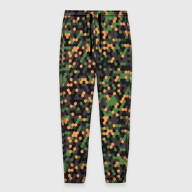 Мужские брюки 3D с принтом Абстрактный геометрический оранжевый черный и зеленый гексагональной военный камуфляж в Тюмени, 100% полиэстер | манжеты по низу, эластичный пояс регулируется шнурком, по бокам два кармана без застежек, внутренняя часть кармана из мелкой сетки | abstraction | camouflage | military | абстракция | армия | боец | военный камуфляж | воин | война | геомет | идеализация | камуфляж | маскировка | масхалат | математика | милитари | охота | охрана | пиксели