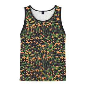 Мужская майка 3D с принтом Абстрактный геометрический оранжевый черный и зеленый гексагональной военный камуфляж в Курске, 100% полиэстер | круглая горловина, приталенный силуэт, длина до линии бедра. Пройма и горловина окантованы тонкой бейкой | abstraction | camouflage | military | абстракция | армия | боец | военный камуфляж | воин | война | геомет | идеализация | камуфляж | маскировка | масхалат | математика | милитари | охота | охрана | пиксели