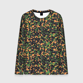 Мужской лонгслив 3D с принтом Абстрактный геометрический оранжевый черный и зеленый гексагональной военный камуфляж в Екатеринбурге, 100% полиэстер | длинные рукава, круглый вырез горловины, полуприлегающий силуэт | Тематика изображения на принте: abstraction | camouflage | military | абстракция | армия | боец | военный камуфляж | воин | война | геомет | идеализация | камуфляж | маскировка | масхалат | математика | милитари | охота | охрана | пиксели