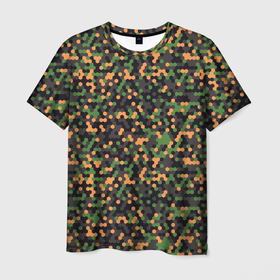 Мужская футболка 3D с принтом Абстрактный геометрический оранжевый черный и зеленый гексагональной военный камуфляж в Екатеринбурге, 100% полиэфир | прямой крой, круглый вырез горловины, длина до линии бедер | Тематика изображения на принте: abstraction | camouflage | military | абстракция | армия | боец | военный камуфляж | воин | война | геомет | идеализация | камуфляж | маскировка | масхалат | математика | милитари | охота | охрана | пиксели