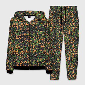 Мужской костюм 3D с принтом Абстрактный геометрический оранжевый черный и зеленый гексагональной военный камуфляж в Курске, 100% полиэстер | Манжеты и пояс оформлены тканевой резинкой, двухслойный капюшон со шнурком для регулировки, карманы спереди | abstraction | camouflage | military | абстракция | армия | боец | военный камуфляж | воин | война | геомет | идеализация | камуфляж | маскировка | масхалат | математика | милитари | охота | охрана | пиксели