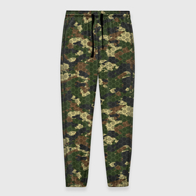 Мужские брюки 3D с принтом Камуфляж лесной с высокотехнологичной гексагональной сеткой в Тюмени, 100% полиэстер | манжеты по низу, эластичный пояс регулируется шнурком, по бокам два кармана без застежек, внутренняя часть кармана из мелкой сетки | Тематика изображения на принте: 23 февраля | camouflage | military | абстракц | армия | боец | военный камуфляж | воин | война | геометрия | день защитника отечества | камуфляж | маскировка | масхалат | математика | милитари | охота | охрана